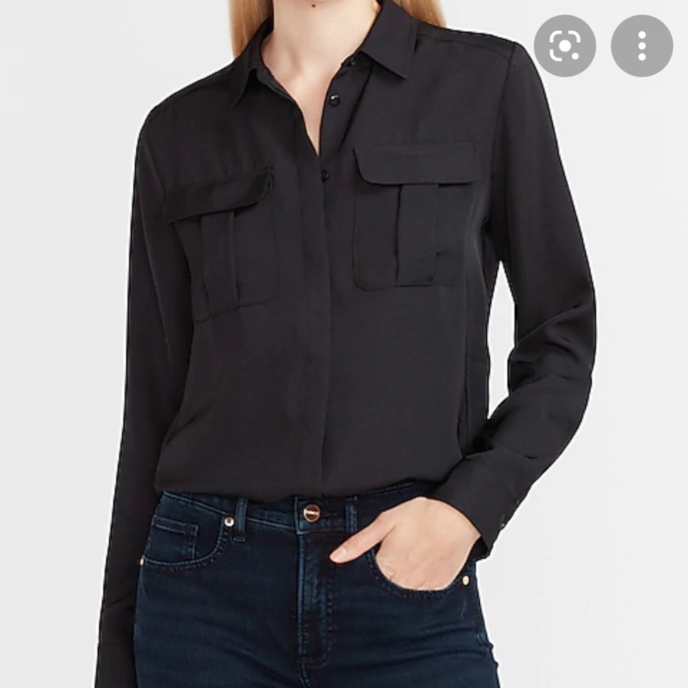 Express Black Military Button-Up Blouse Flap Pockets Top Shirt XXS XS